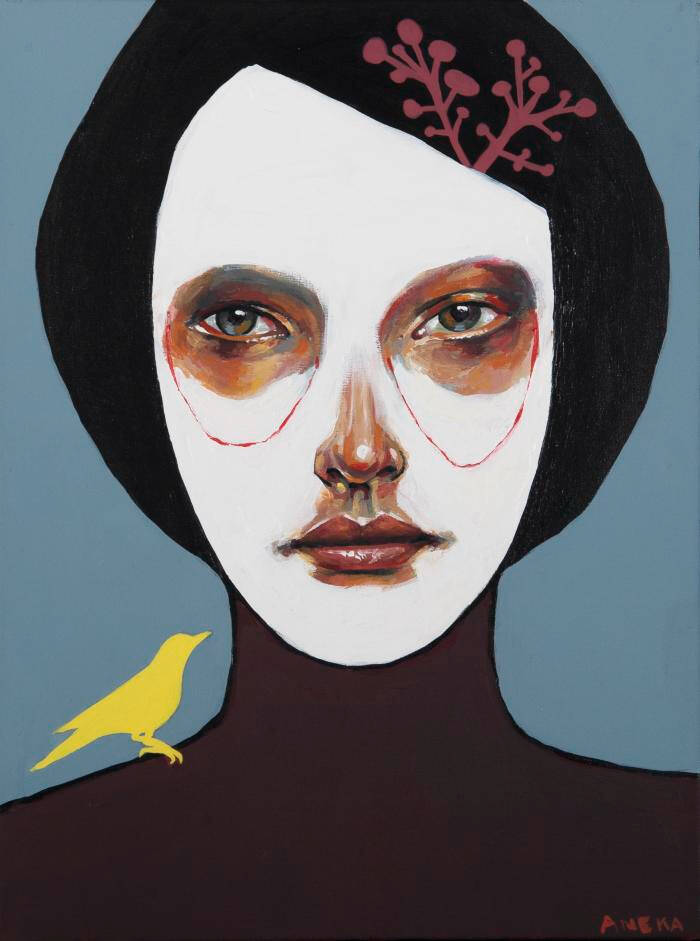 Portrait ofaa woman with realist eyes, nose and mouth against an otherwise all black and white face. A yellow bird sits on her shoulder.